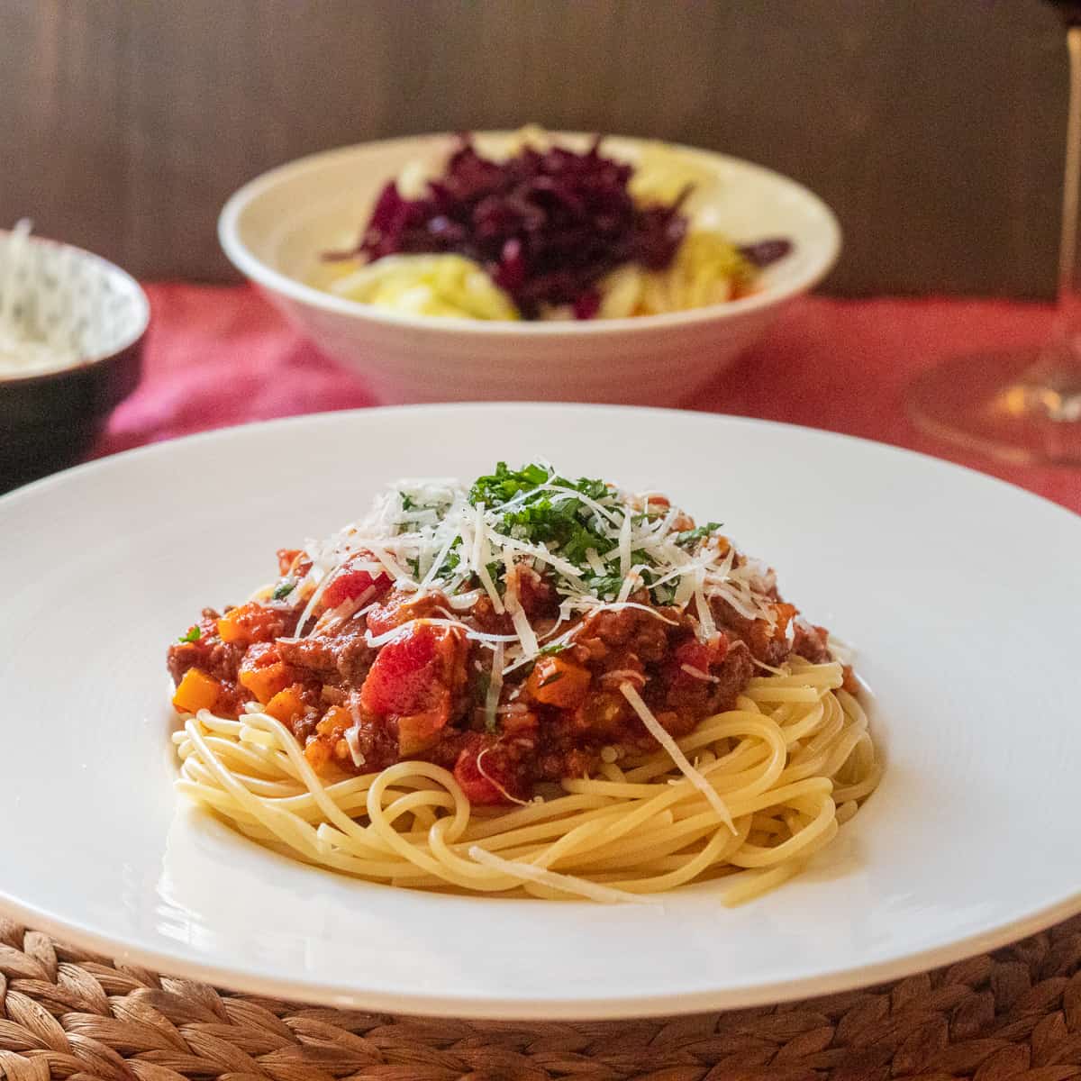classic bolognese sauce served with spaghetti