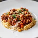 Lamb Bolognese sauce served on linguine pasta