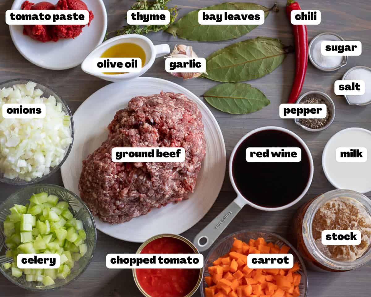 Labelled picture of ingredients for the meat sauce.