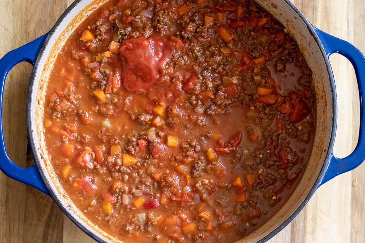 Beef ragu sauce is ready to simmer for two hours.