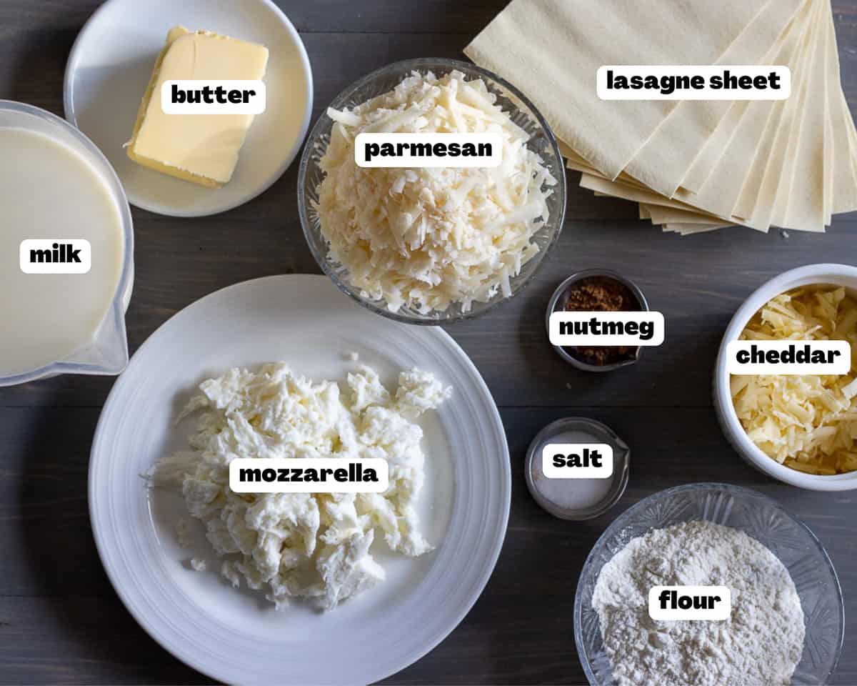 Labelled picture of ingredients for béchamel sauce.