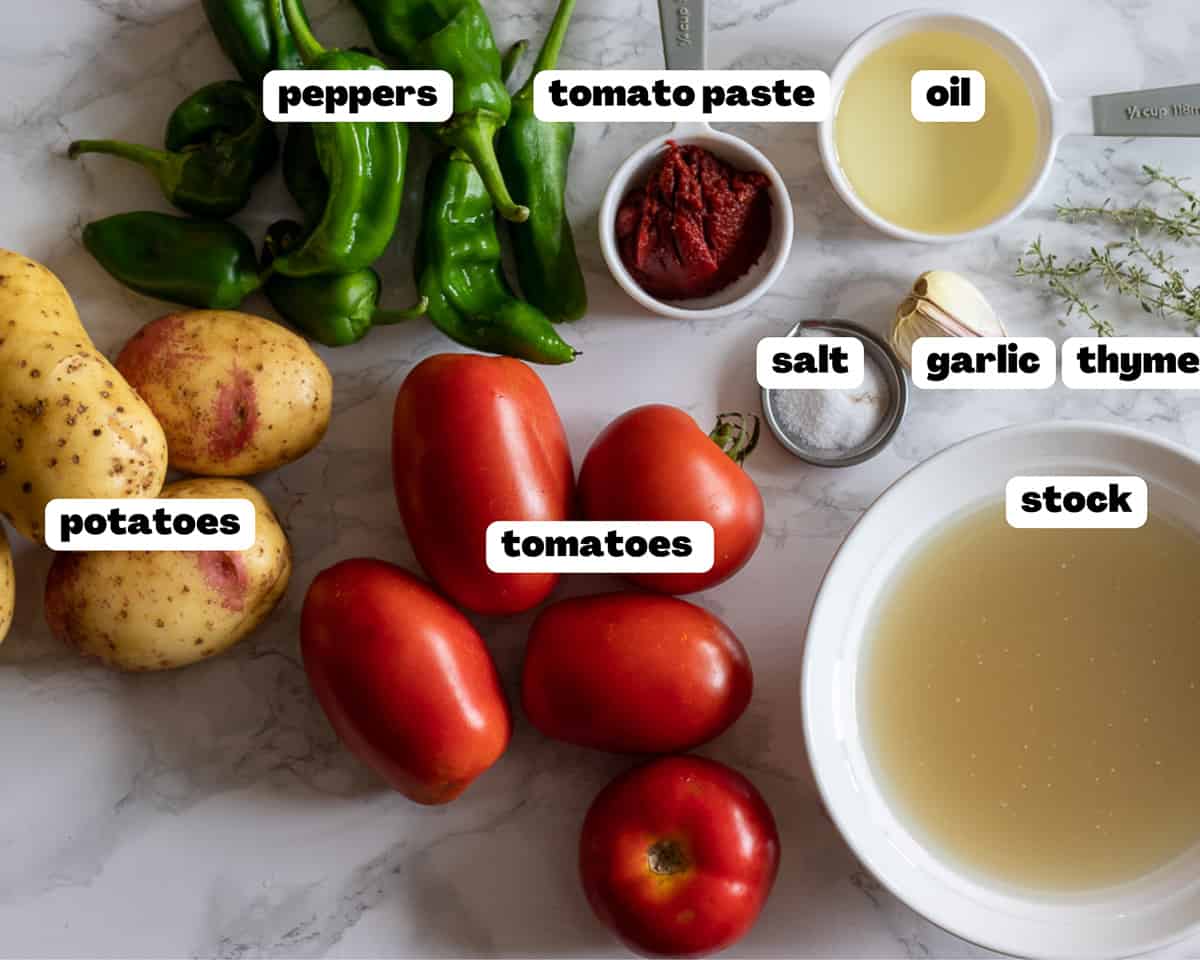 Labelled picture of ingredients for Izmir Kofte vegetables and tomato sauce