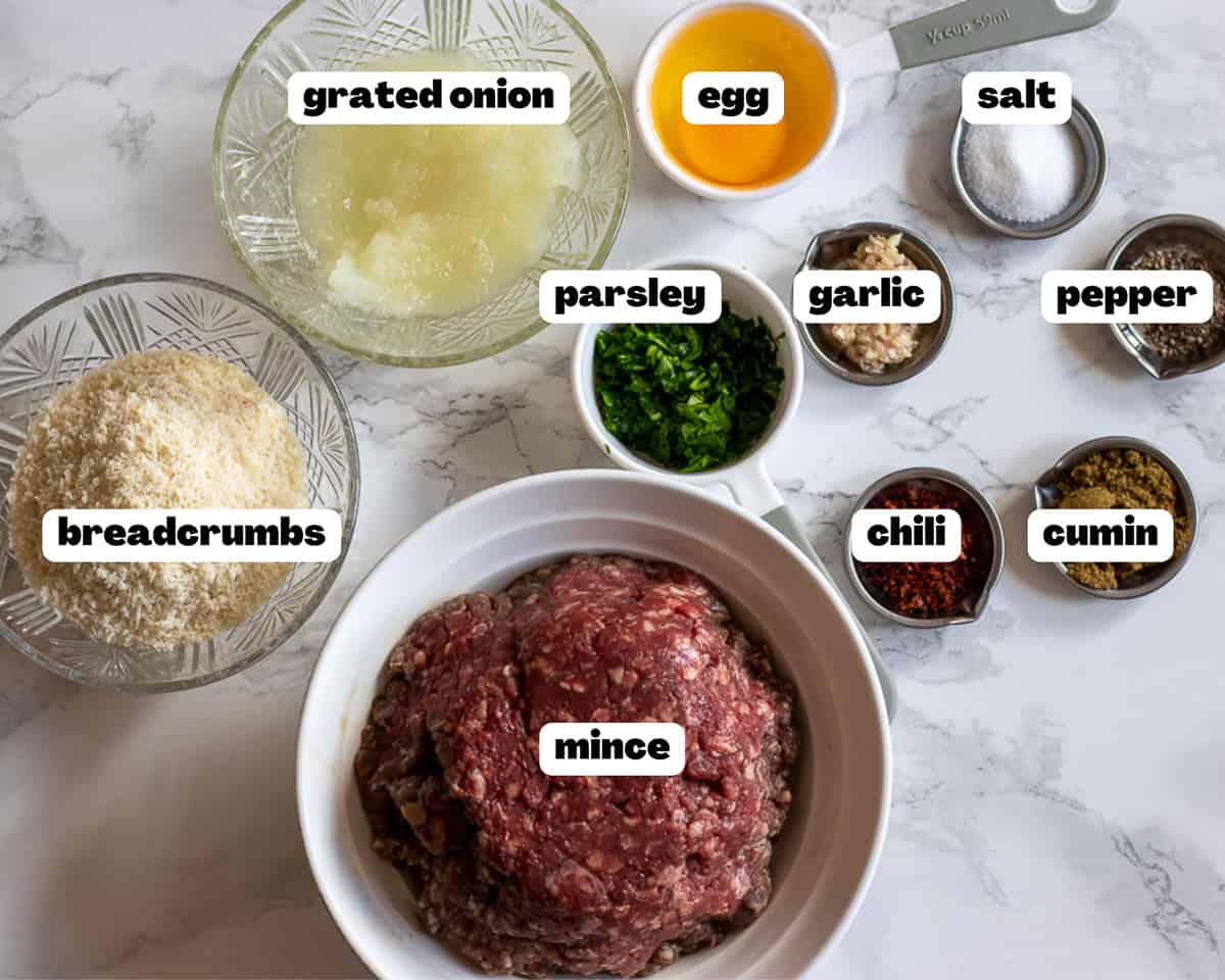 labeled picture of ingredients for Izmir Kofte