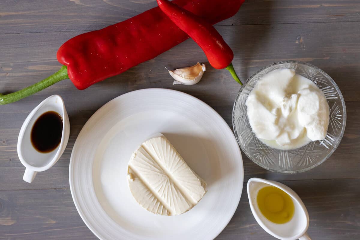 Ingredients needed for making spicy whipped feta dip