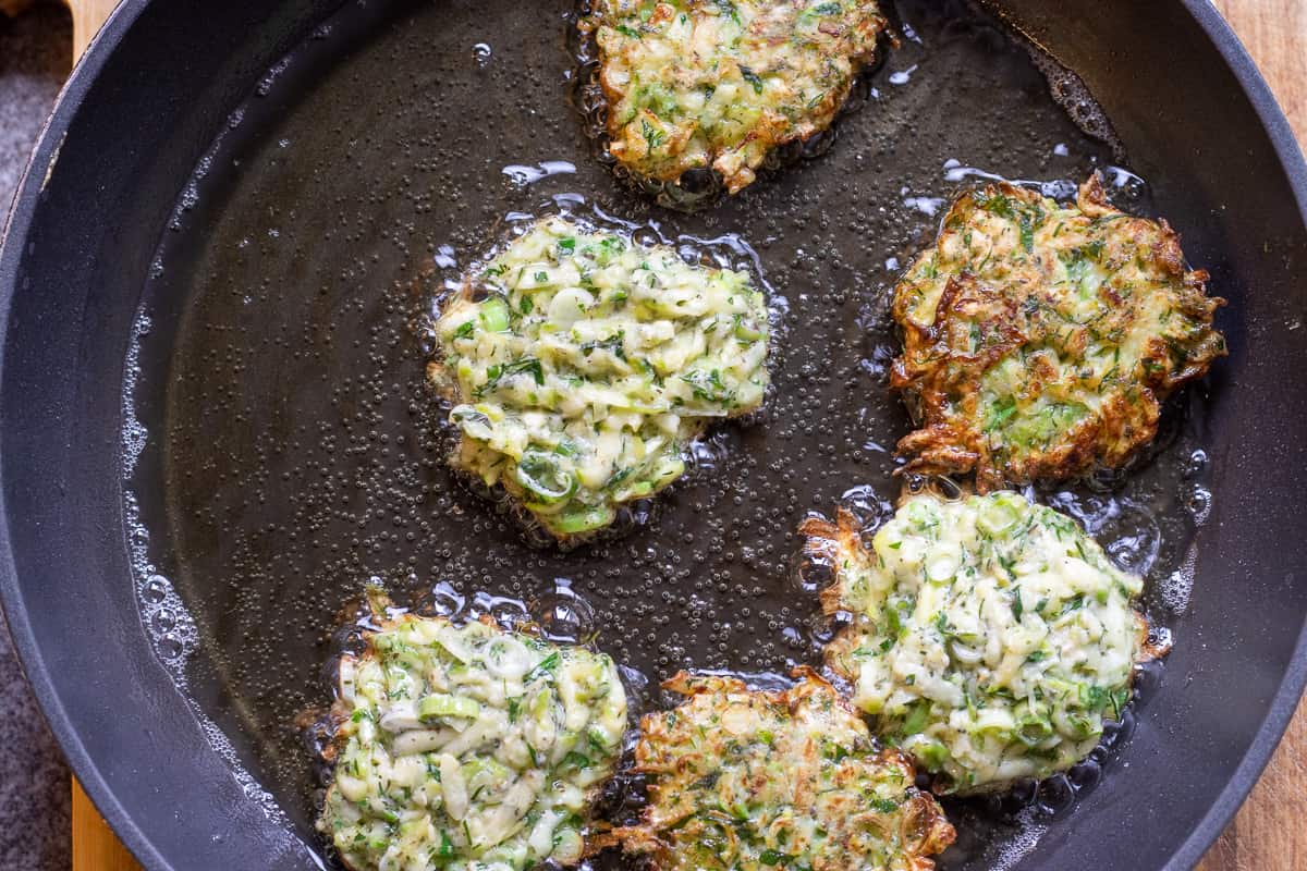 frying 6 pieces of mucver in a pan filed with oil