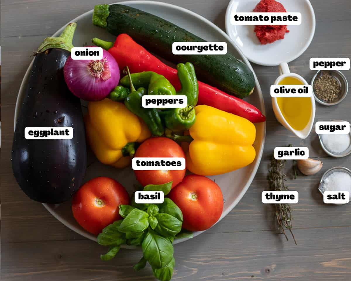 Labelled picture of ingredients for traditional French ratatouille recipe