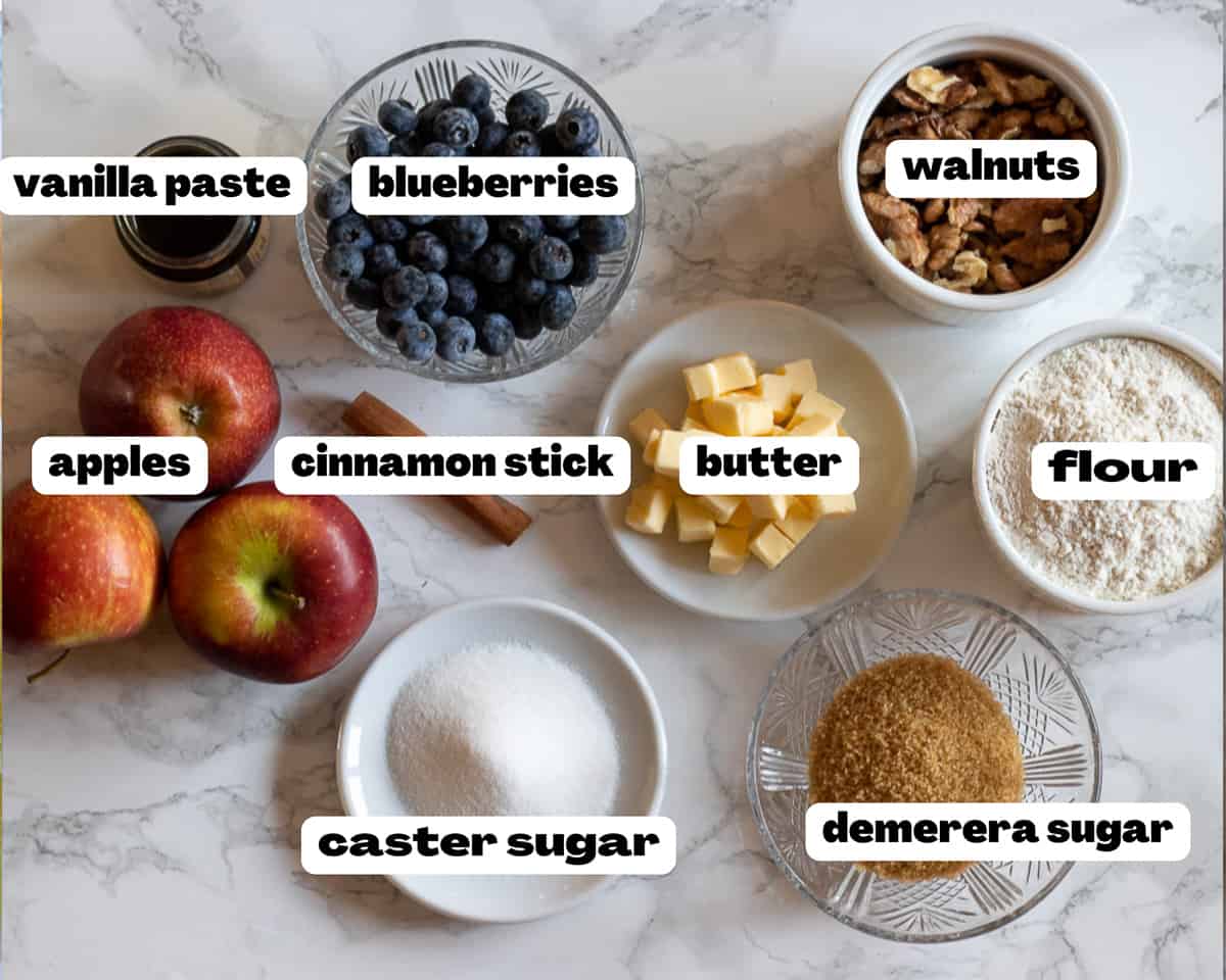 labeled picture of ingredients for apple and blueberry crumble