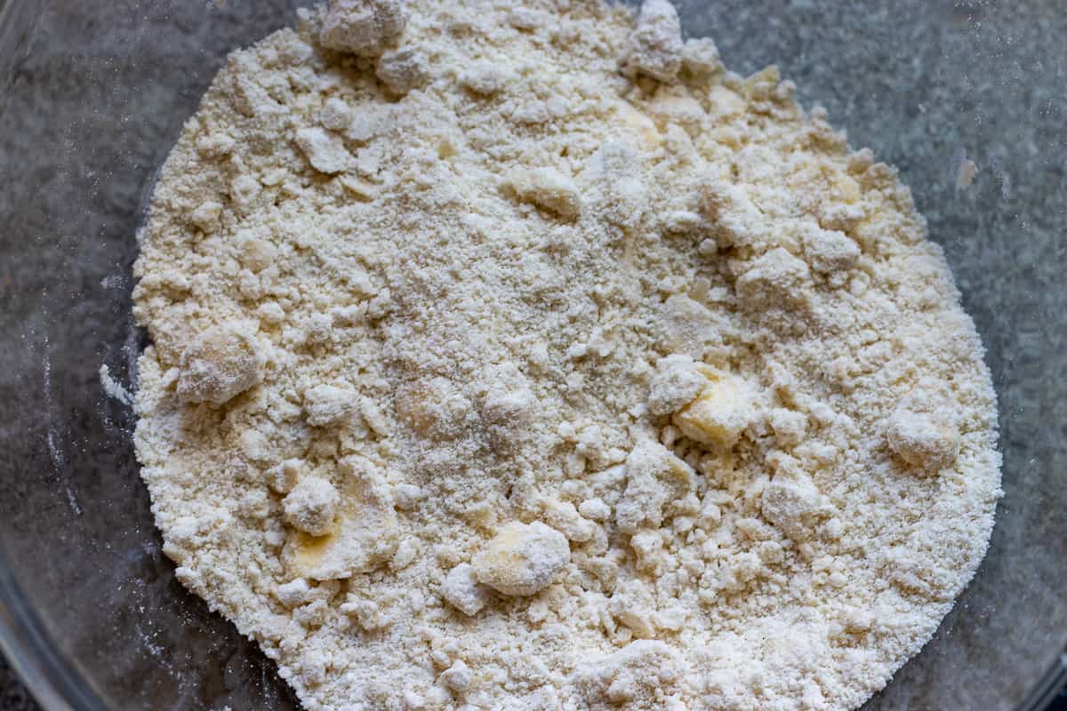 butter and flour mixed together with fingertips in a bowl