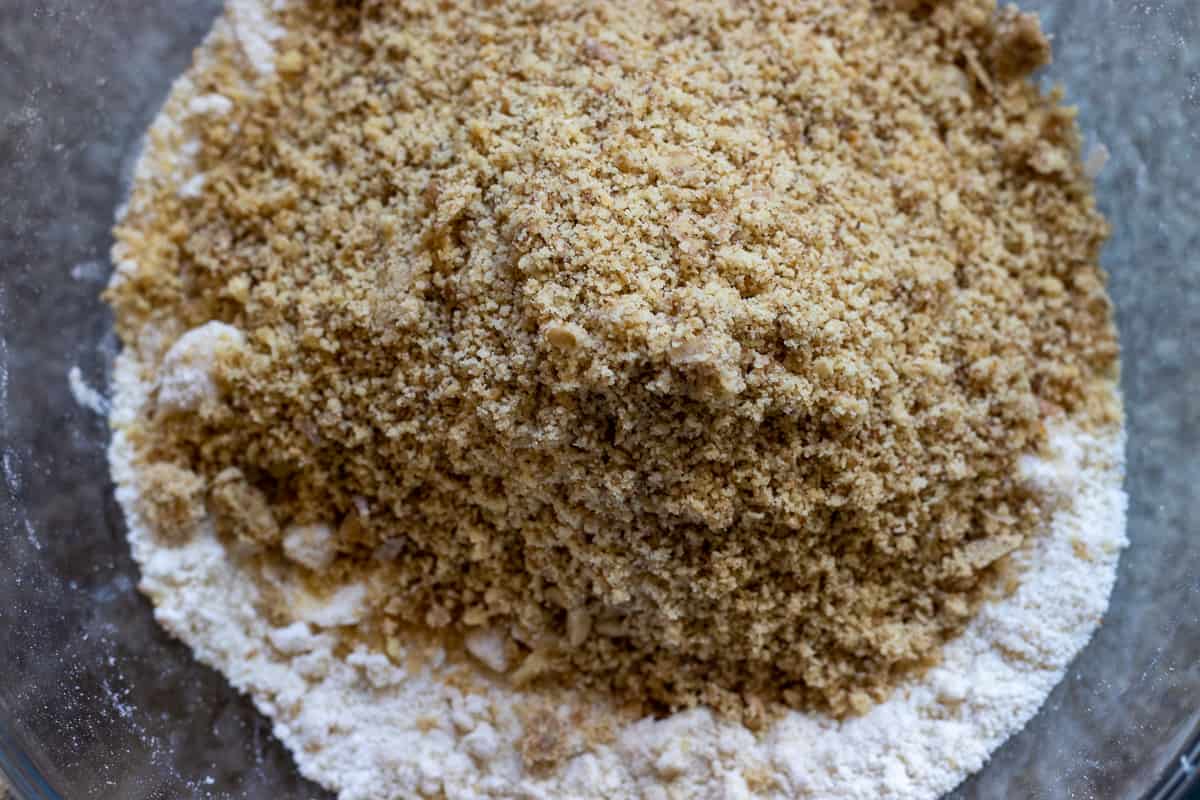 sugar and walnuts are added to the butter&flour mixture