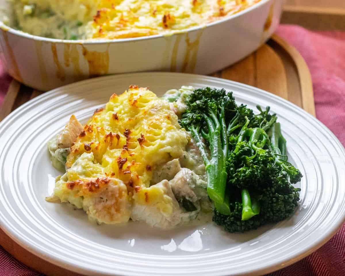 fish pie served with broccoli sprouts