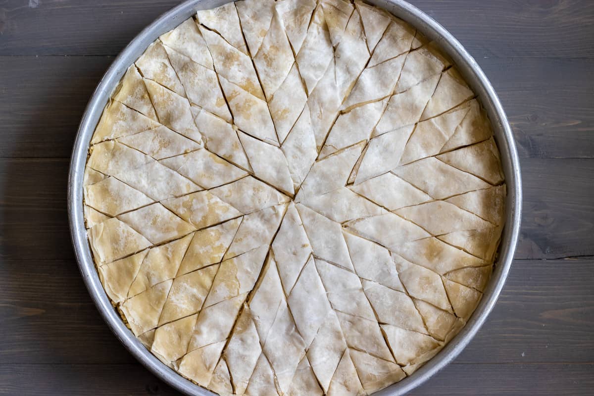 Authentic Middle Eastern walnut baklava is cut into diamonds and stars