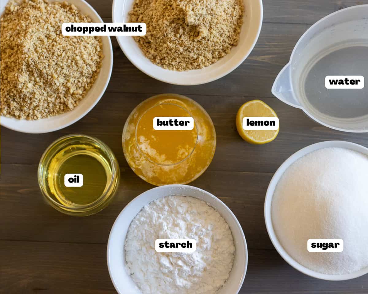 Labelled picture of ingredients for authentic Middle Eastern walnut baklawa recipe