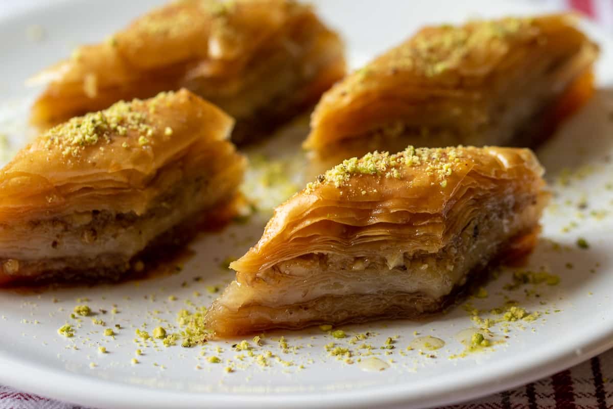 a picture showing the layers of a authentic Middle Eastern walnut baklawa dessert