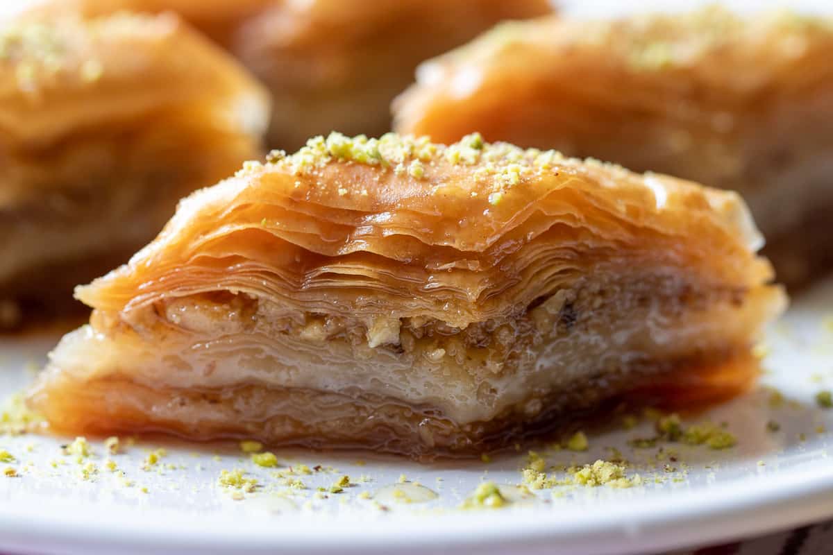 a slice of authentic Middle Eastern walnut baklawa