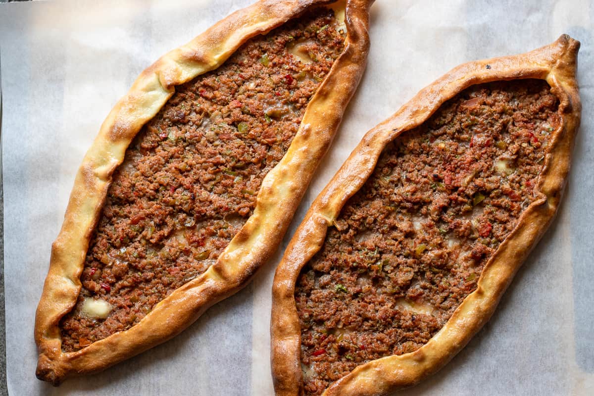 freshly baked two pieces of pide bread