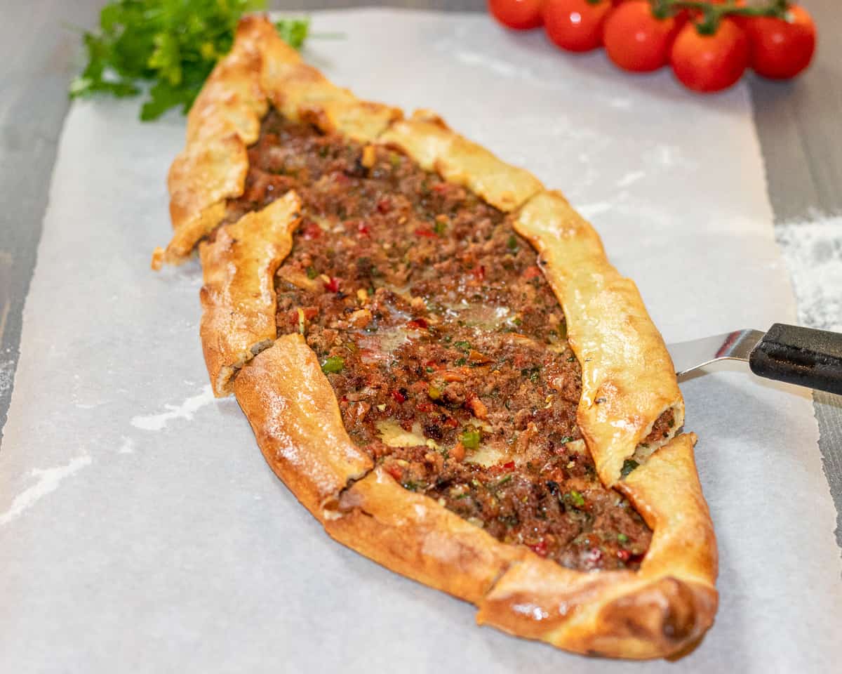 slices of freshly baked Kiymali Pide
