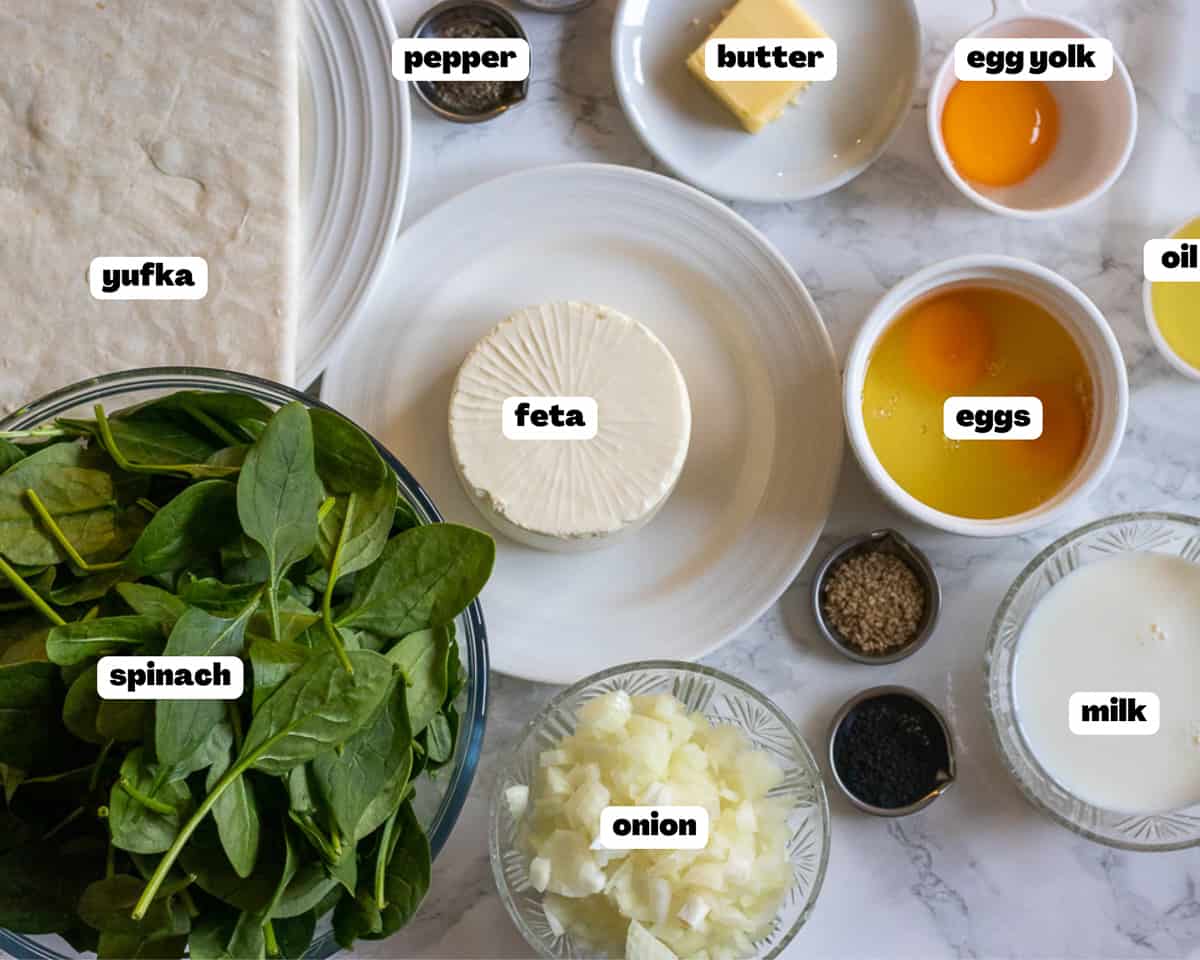 Labelled picture of ingredients for spinach and feta pie