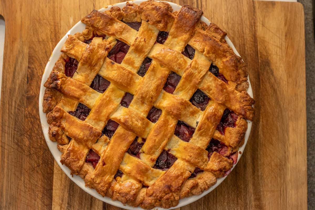 apple and blackberry pie baked until golden