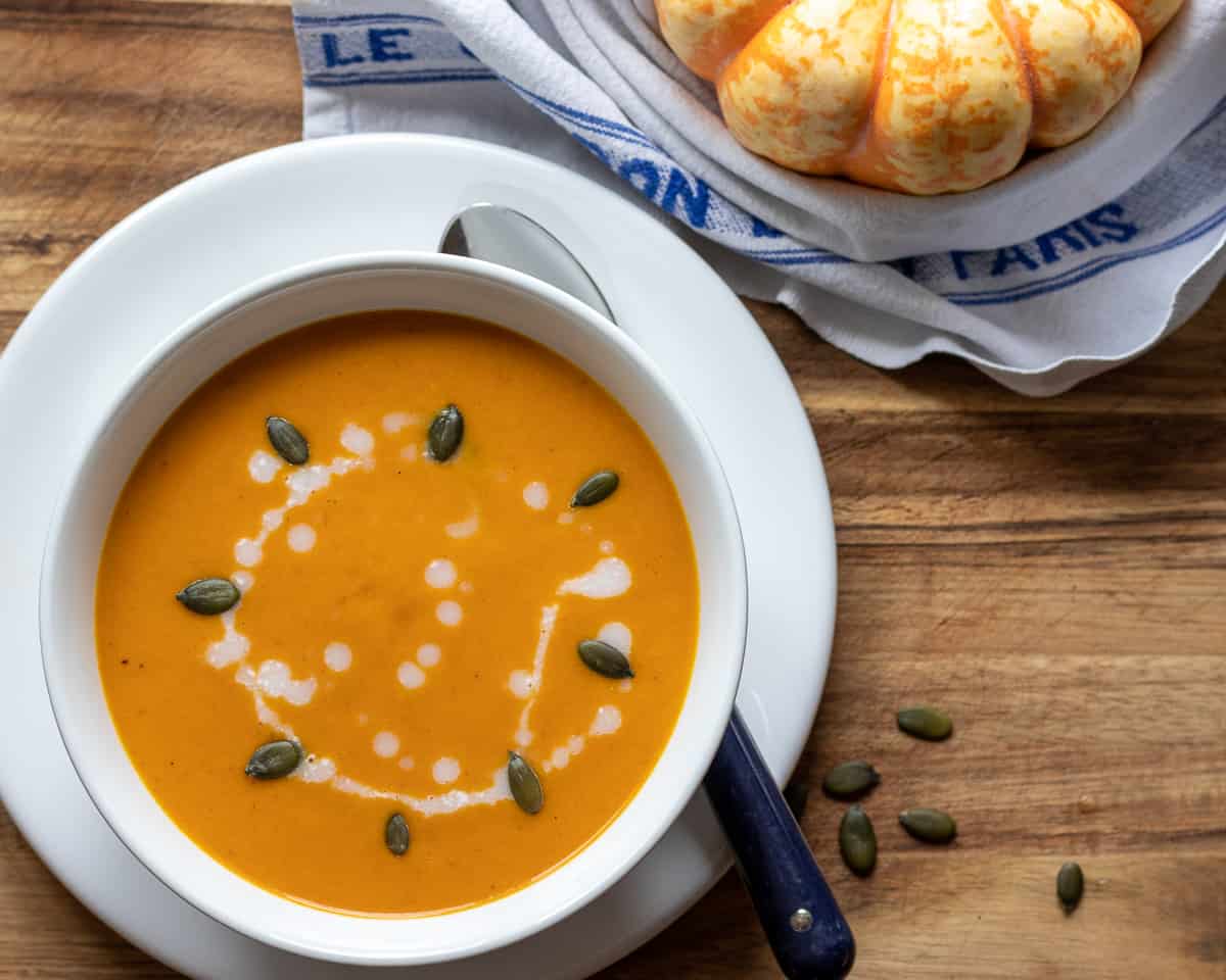 spiced butternut squash soup garnished with pumpkin seeds