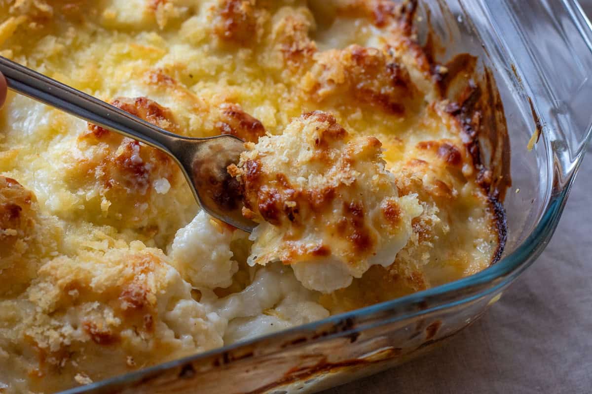 a forkful of cauliflower cheese