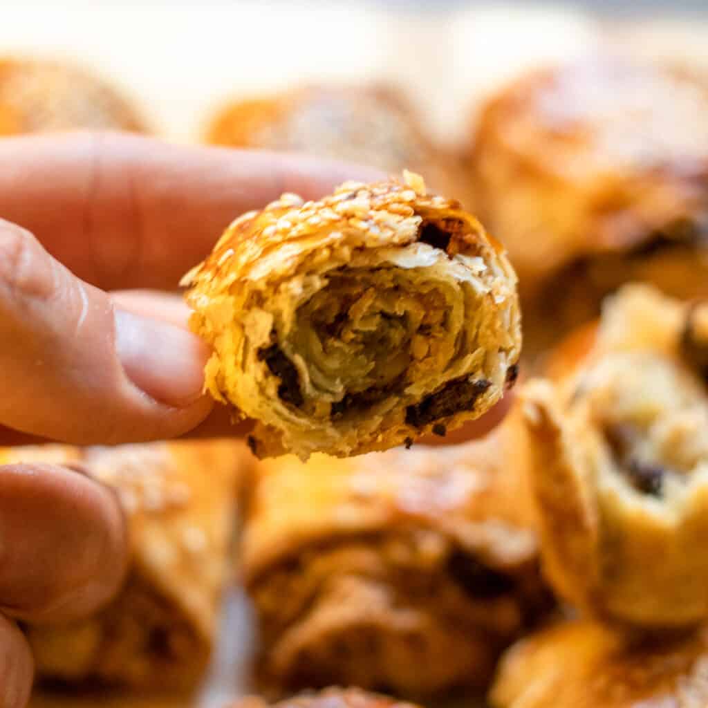 flaky layers of a chocolate pastry roll