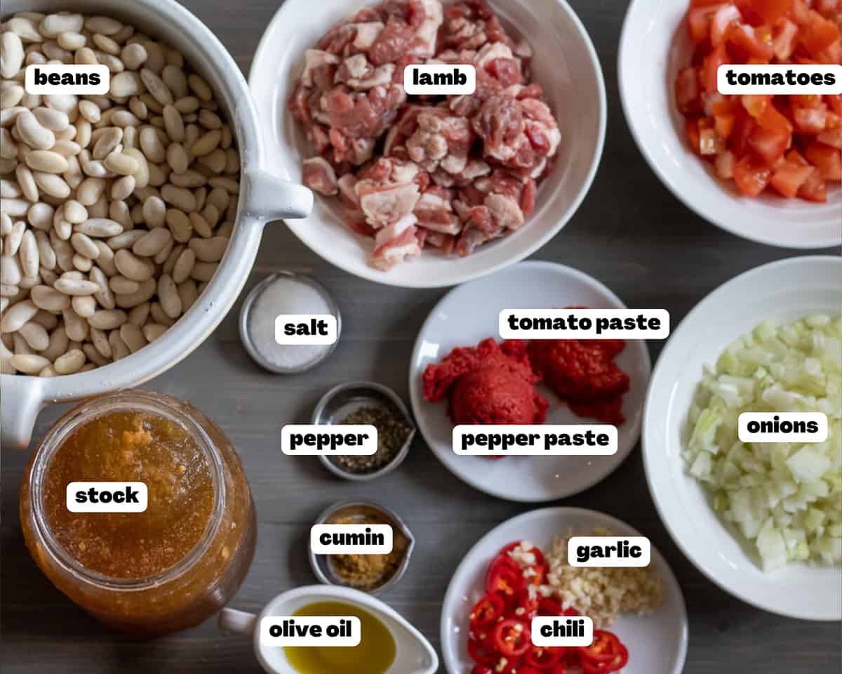 labelled picture of ingredients for kuru Fasulye