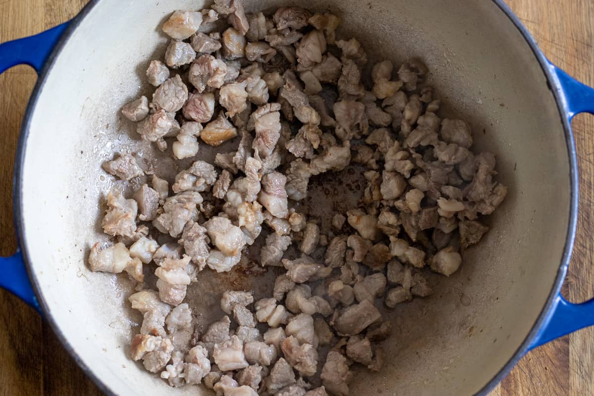 Sautéing the lamb in dutch oven