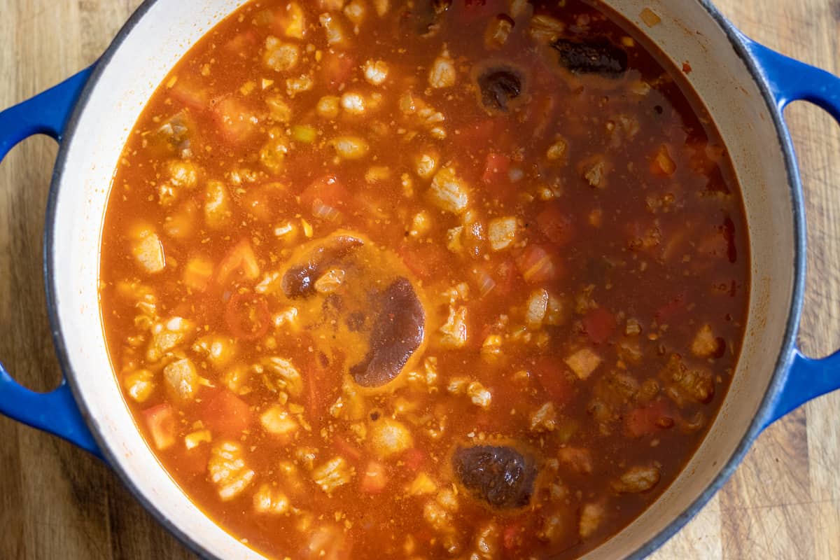 the stock is added to the pan