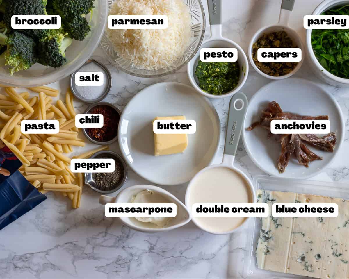 labeled picture of ingredients for pasta with green sauce