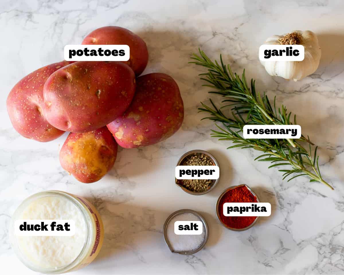 labeled picture of ingredients for duck fat roast potatoes