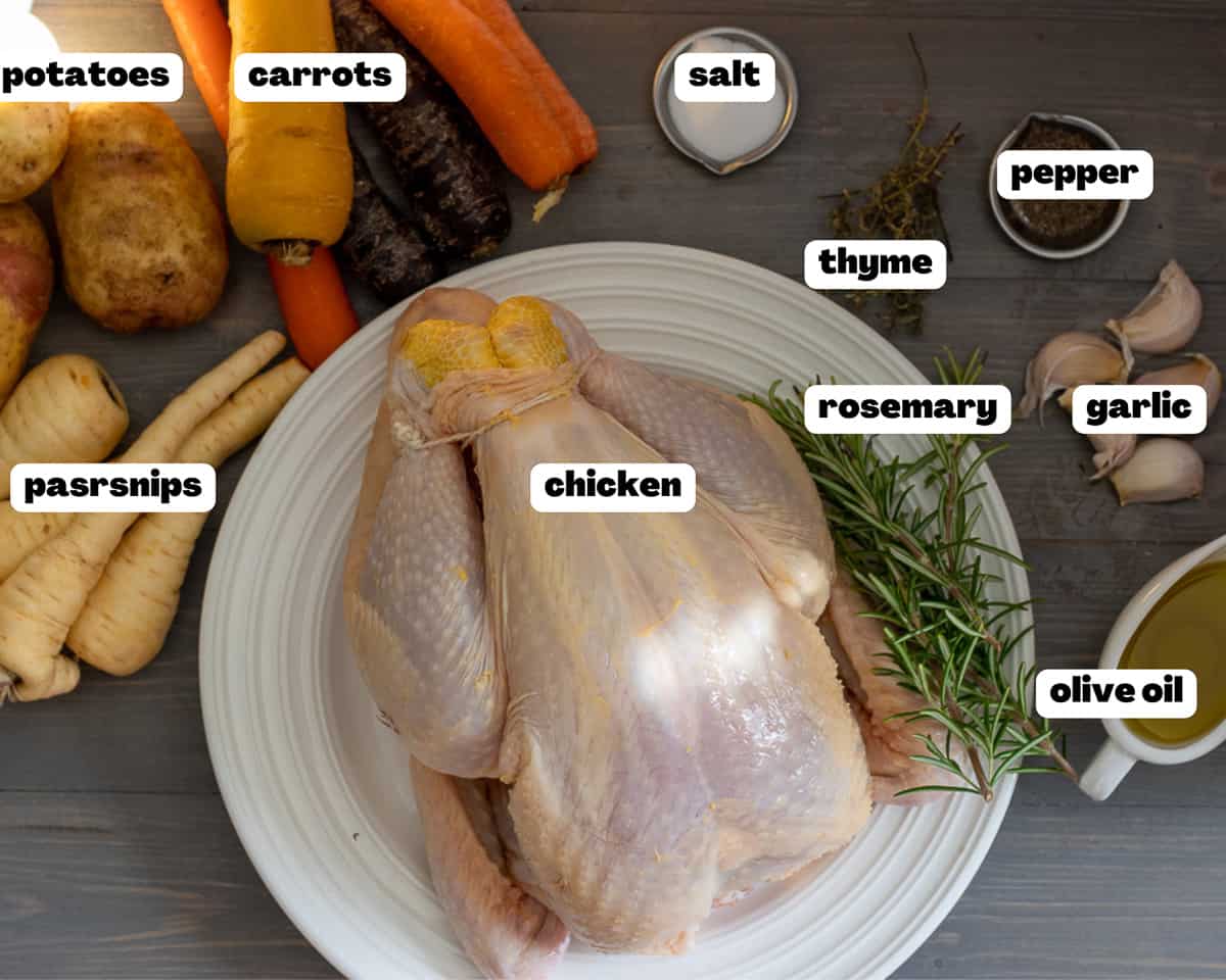 Labelled picture of ingredients for dutch oven roast chicken