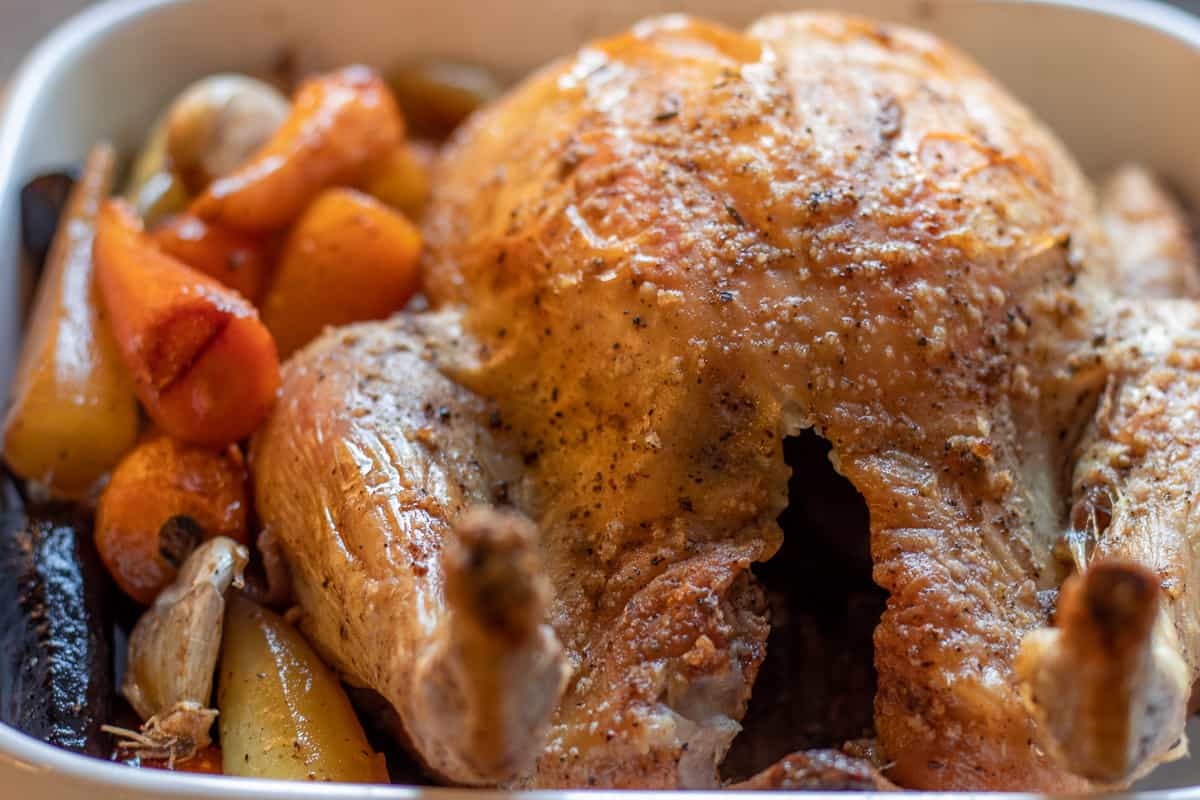 crispy dutch oven roast chicken and root vegetables