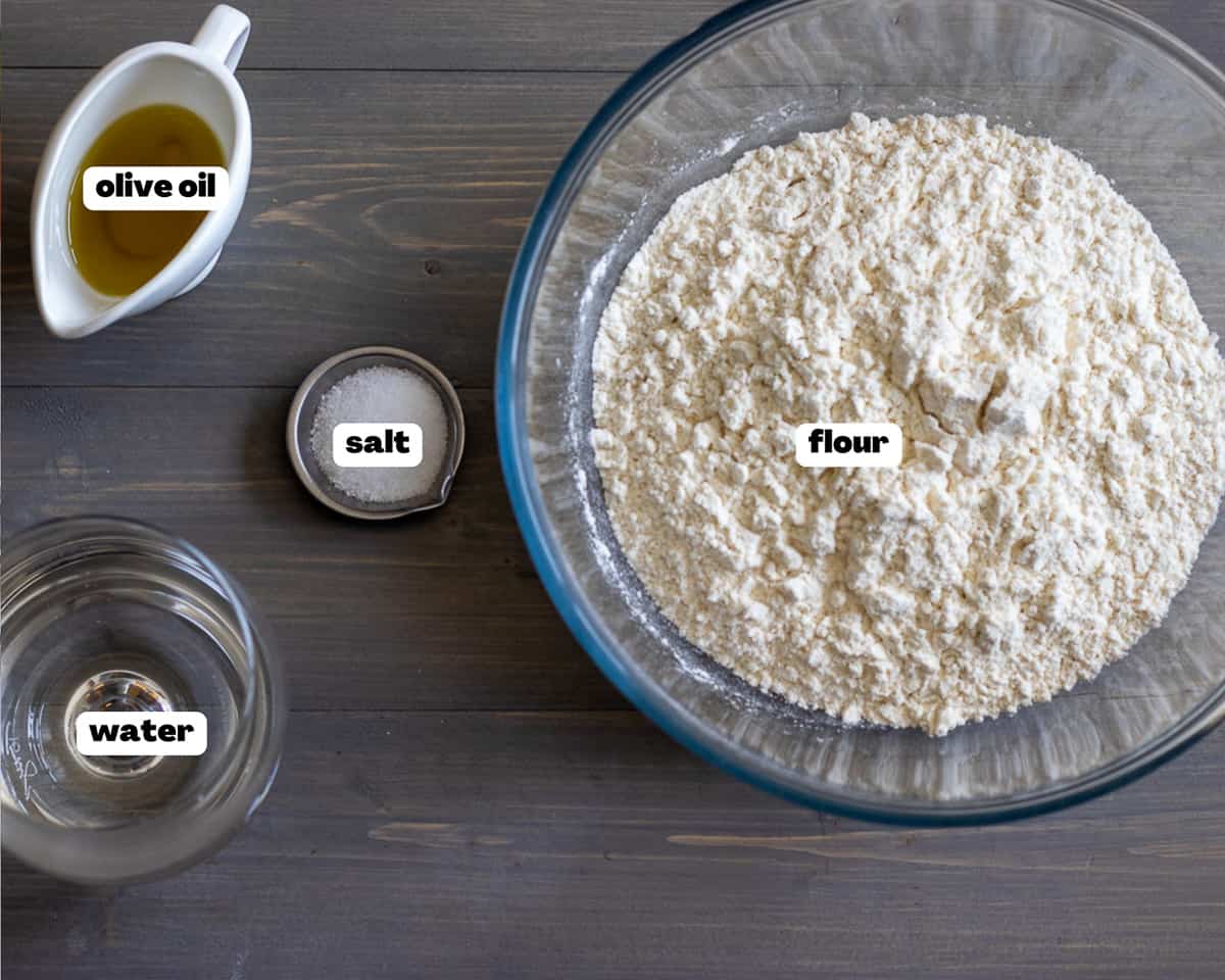 Labelled picture of ingredients for lahmacun dough