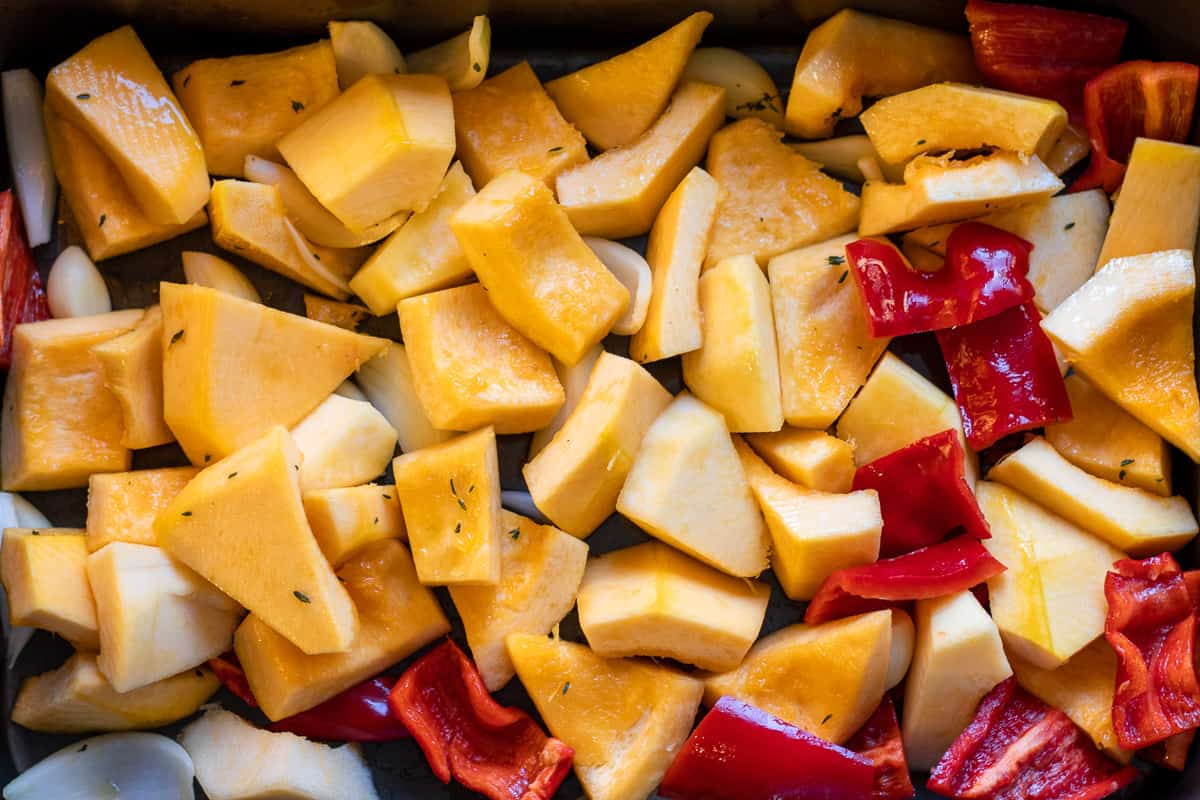 chunky cut vegetables on a tray