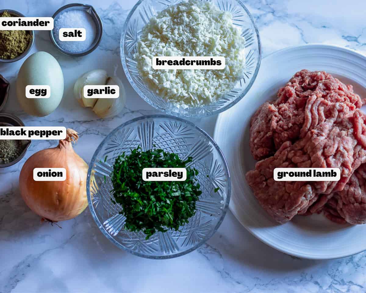 Labelled picture of ingredients for lamb kofta
