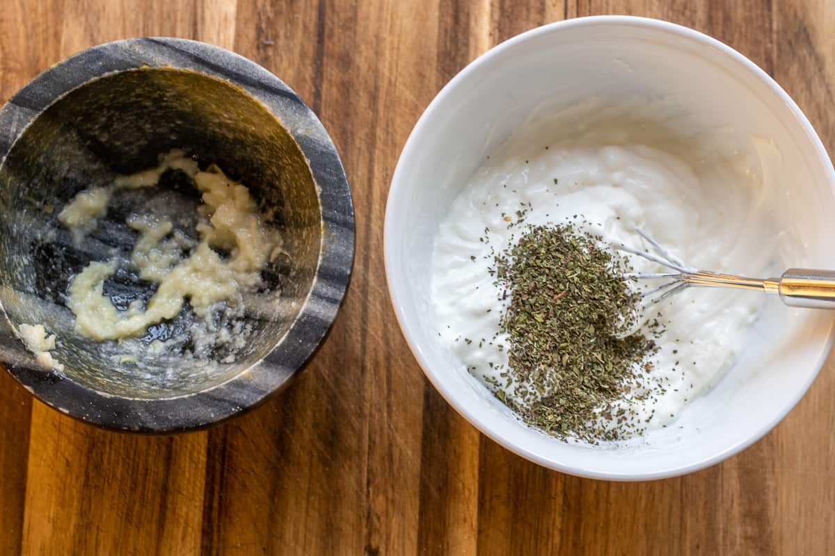 garlic, yoghurt and mint for dressing