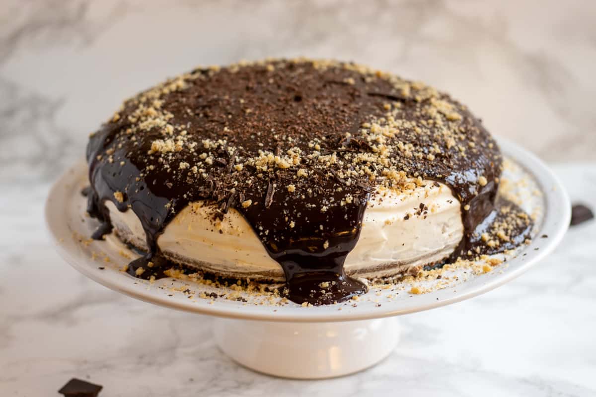 pour over the chocolate sauce and garnish with nuts