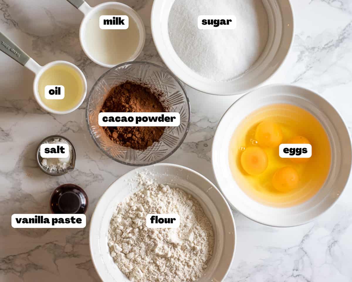 Labelled picture of ingredients for moist chocolate cream cake