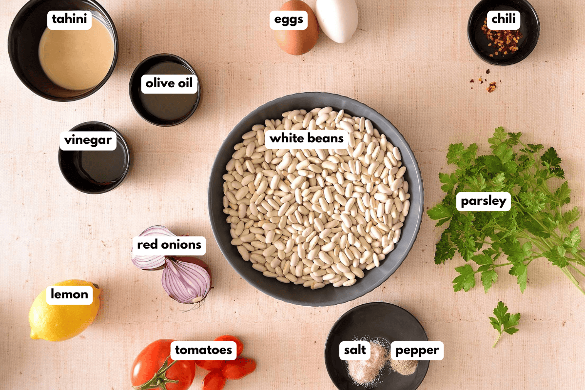 Labelled ingredients for the salad recipe.