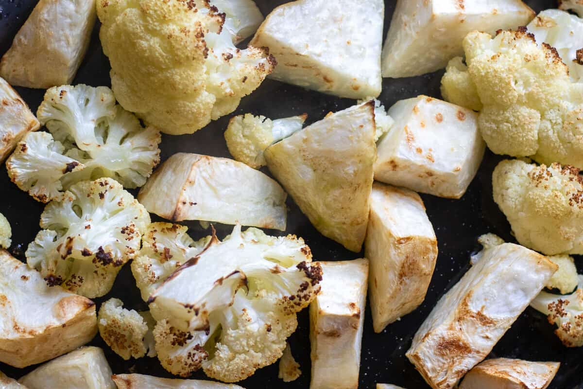 celeriac and cauliflower are roasted until soft