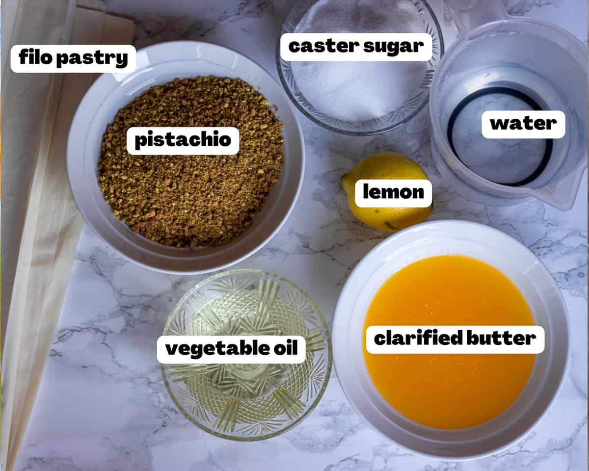 labeled picture of ingredients for turkish pistachio baklava
