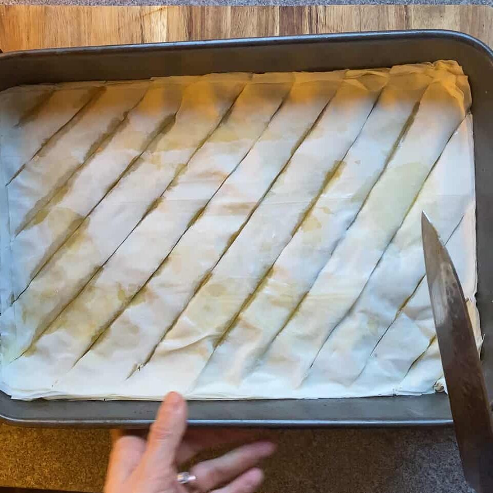 cutting the baklava in diagonal strips