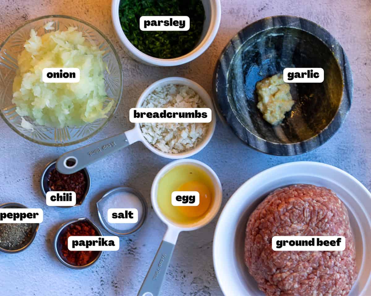 labelled picture of ingredients for kofte