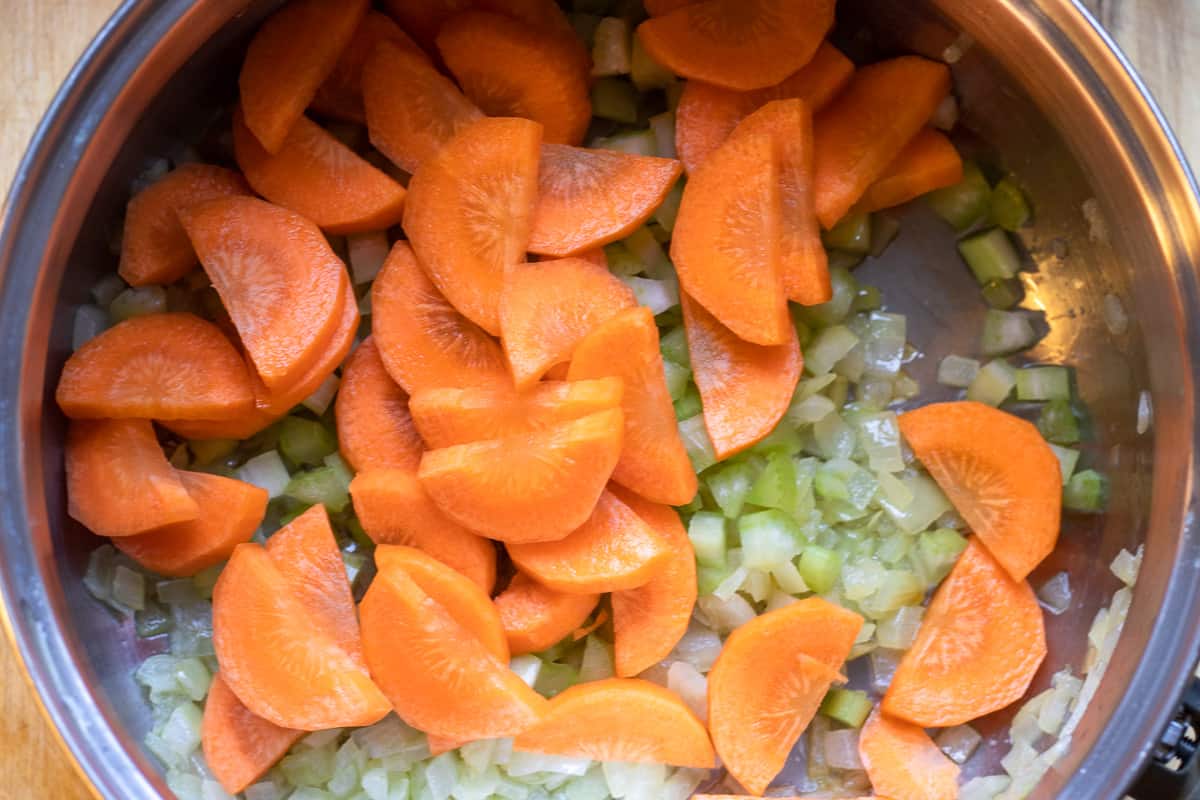 Sautéing the celery and carrots