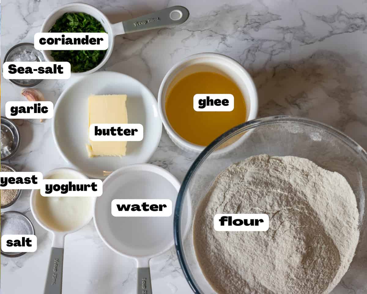 labeled pictures of ingredients for garlic naan - Indian flatbread