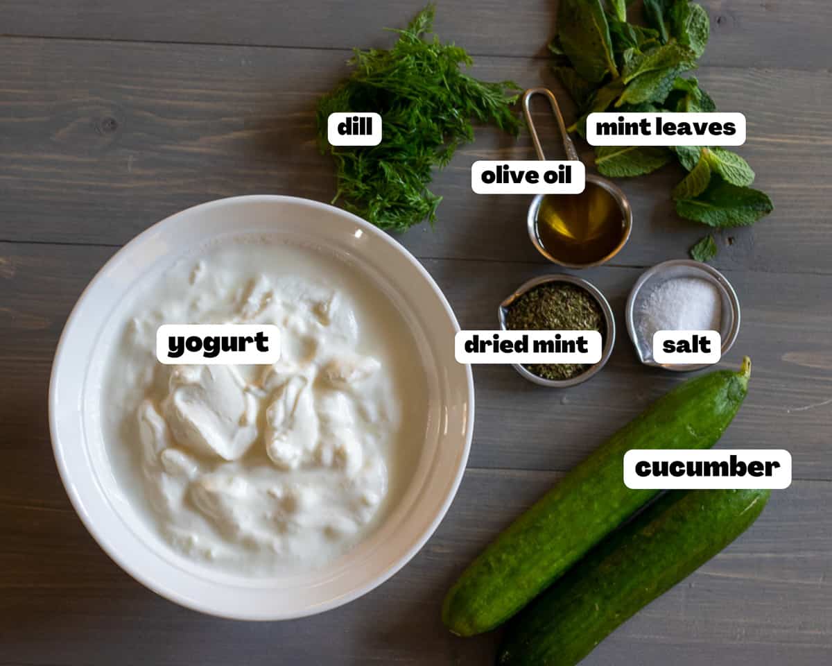 Labelled picture of ingredients for cacik