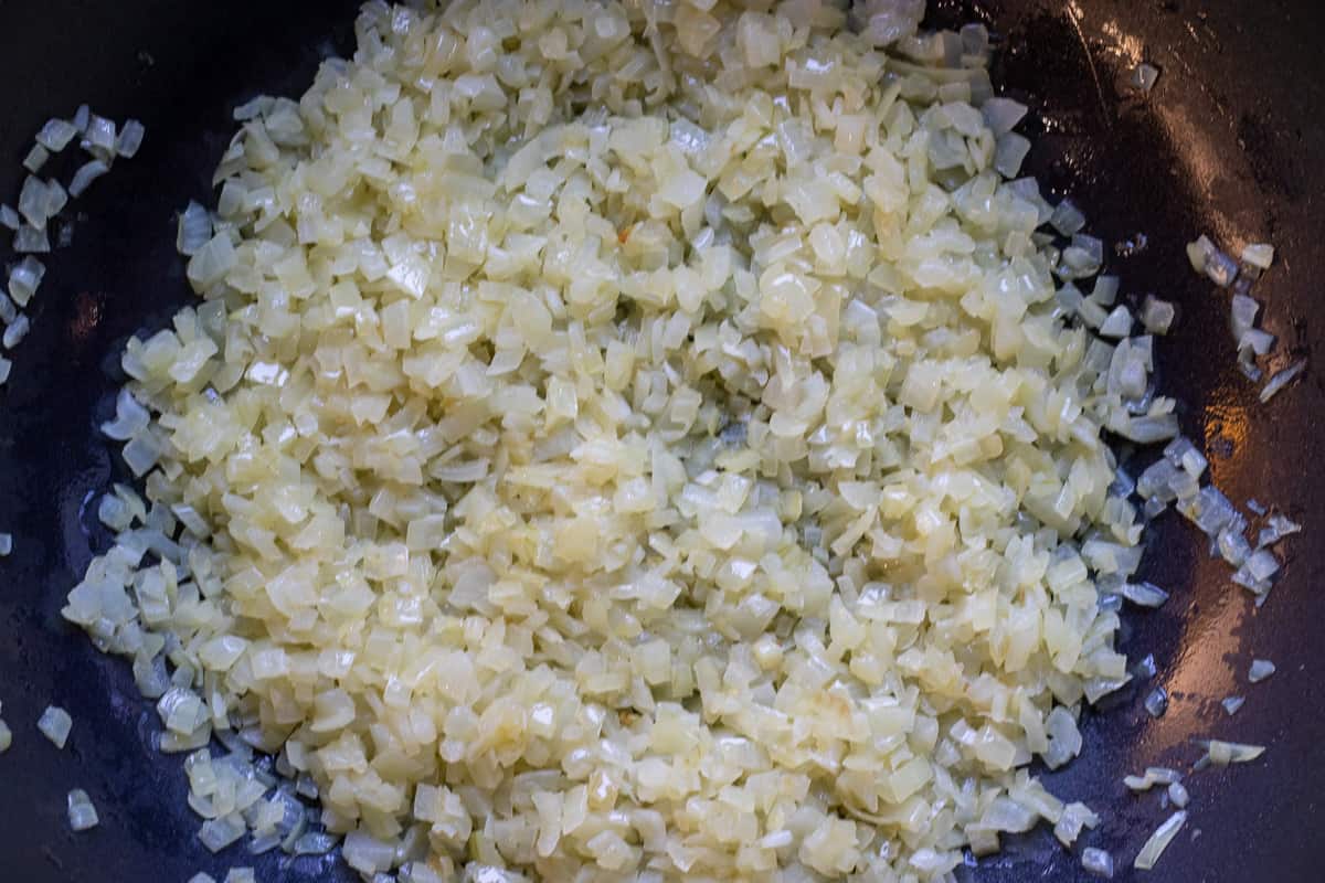 Sautéed onions in a pan