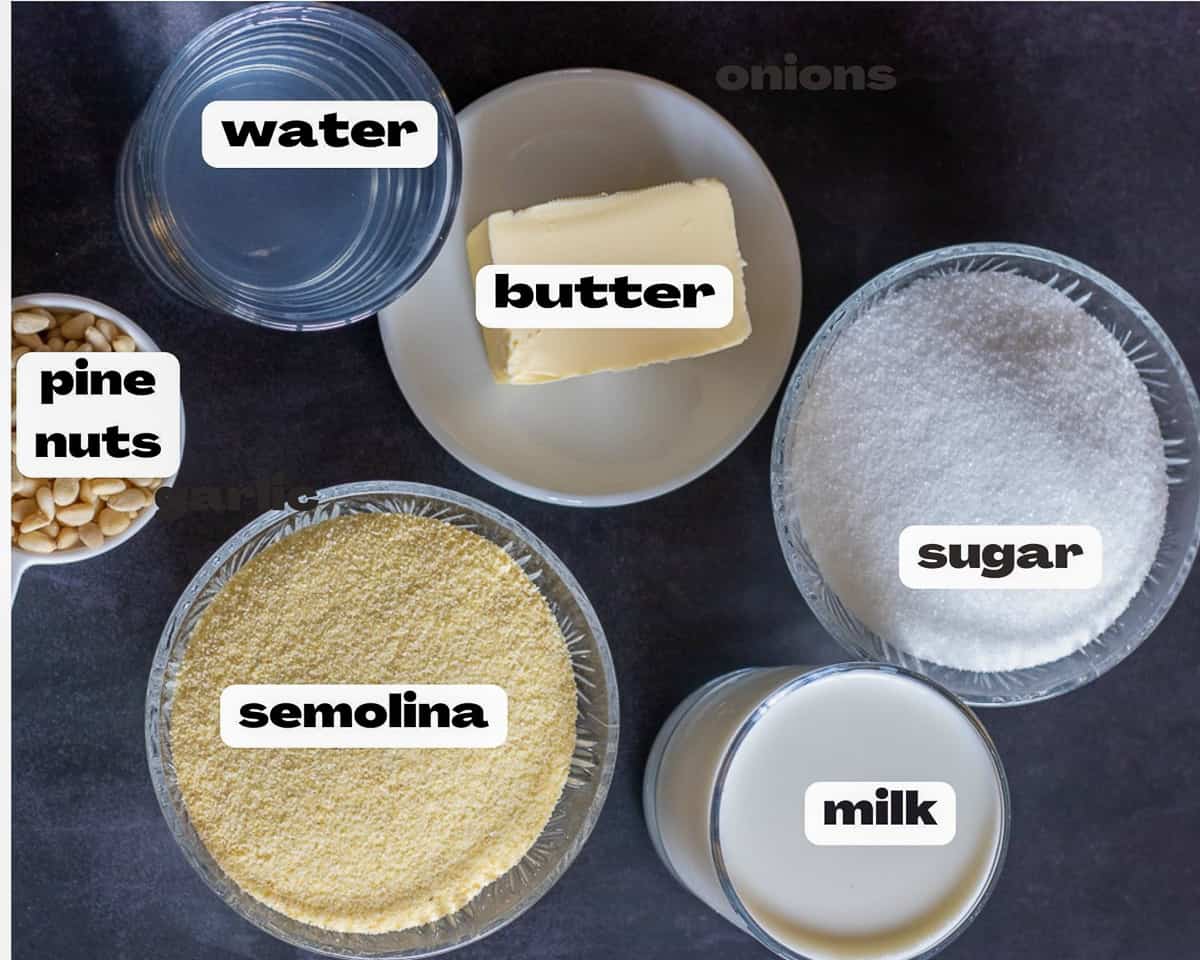 labeled picture of ingredients for irmik Helvasi