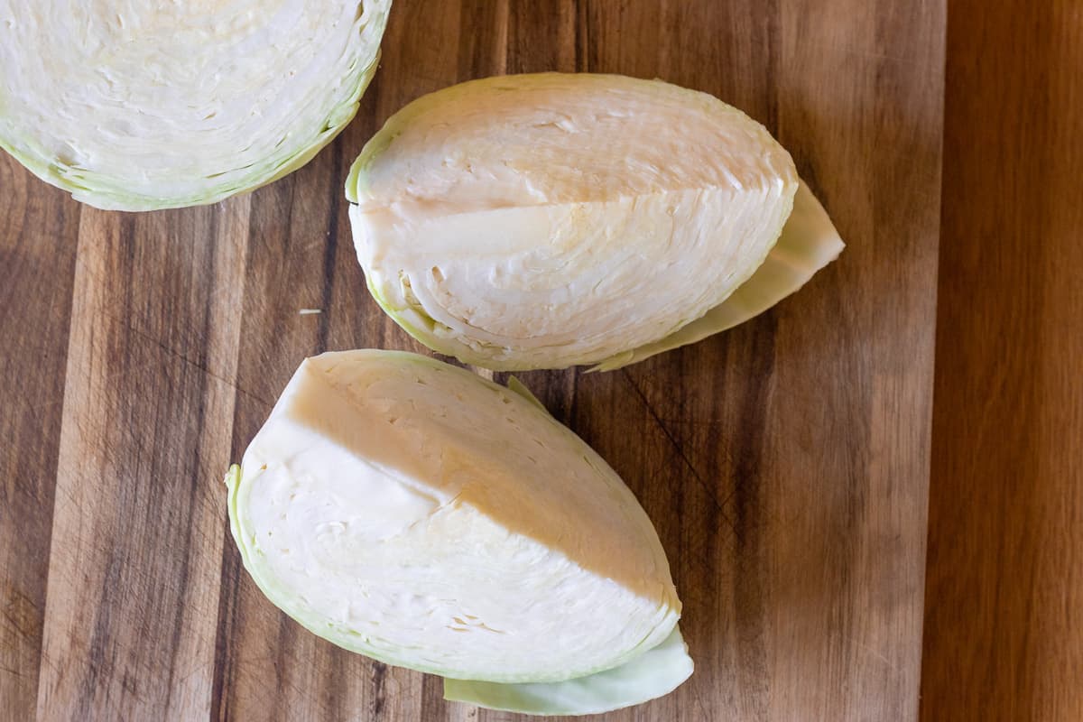 the cabbage is cut in quarters