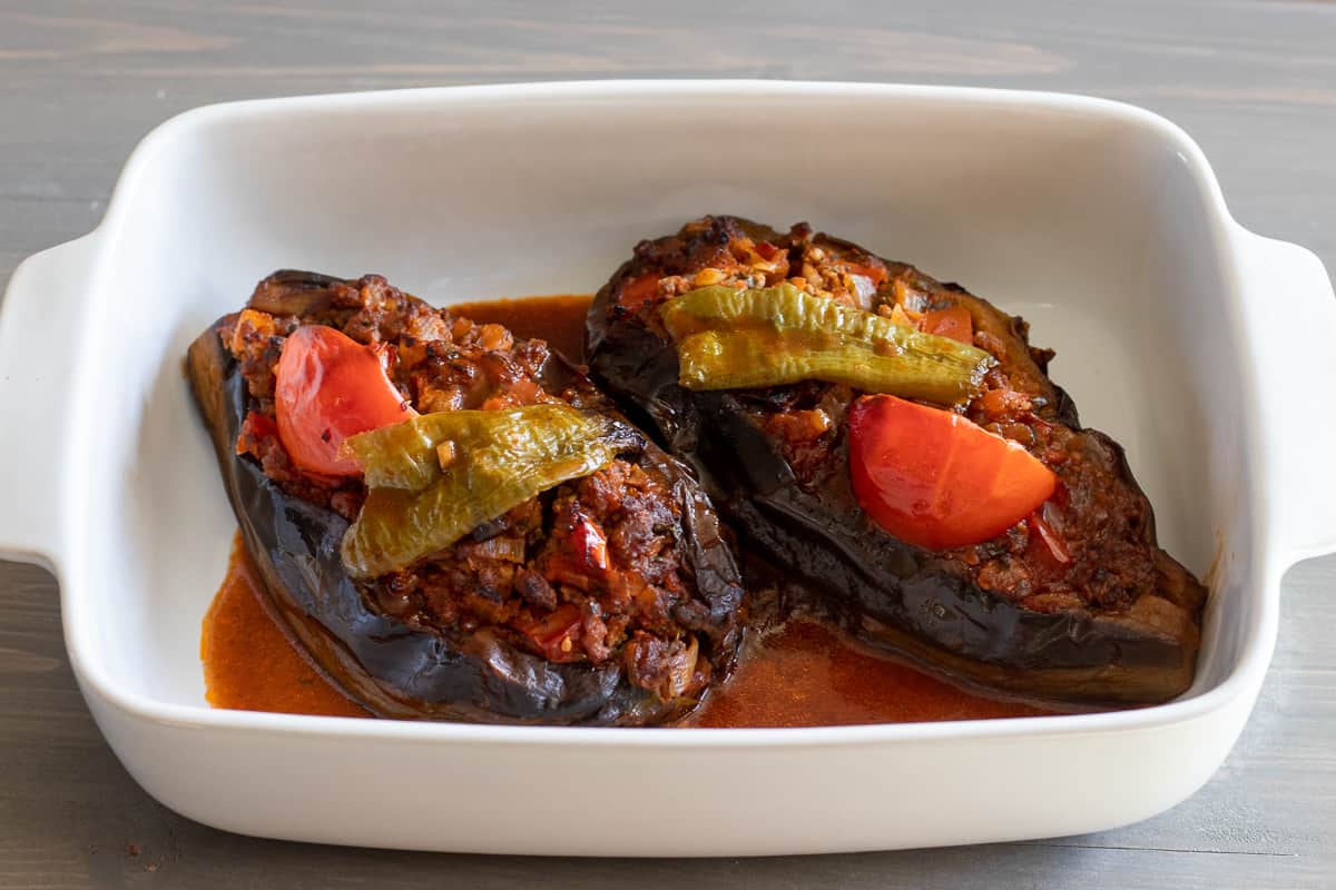 2 portions of Karniyarik presented in a baking dish